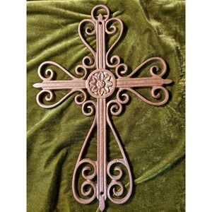 Ornate Cast Iron Cross Wall Decor Fleur De Lis Scrollwork Rustic Bronze Finish